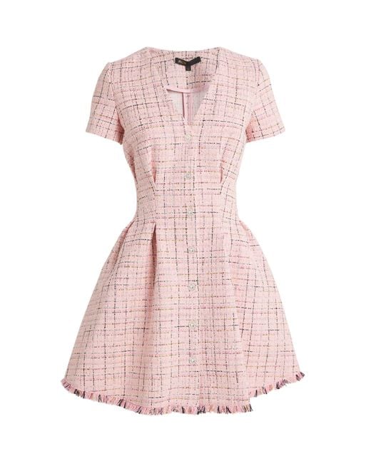 Maje Pink Tweed Frayed Mini Dress