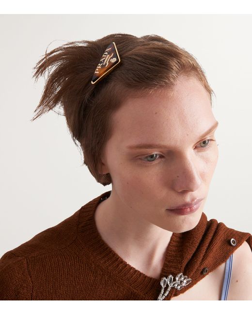 Prada Brown Triangle Logo Hair Clip