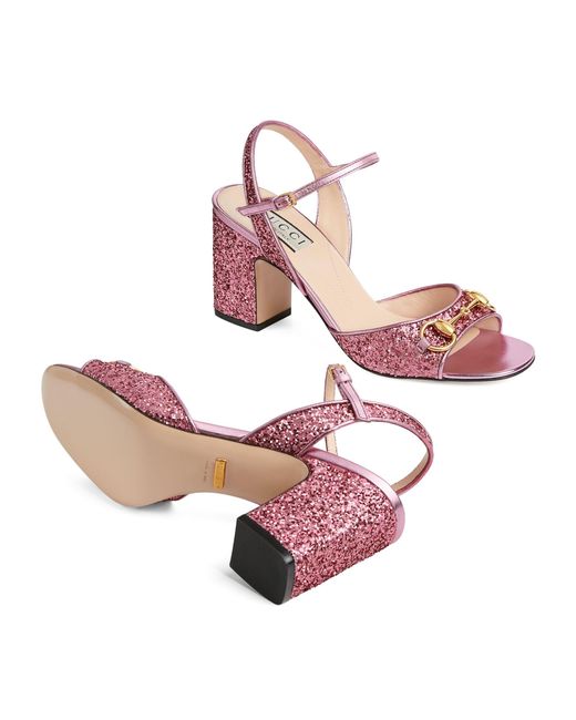 Gucci Pink Glitter Horsebit Heeled Sandals