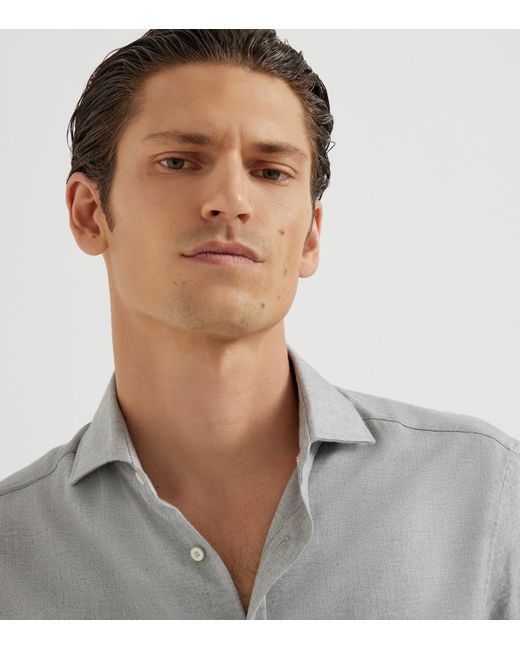 Brunello Cucinelli White Cotton-Blend Chevron Flannel Shirt for men