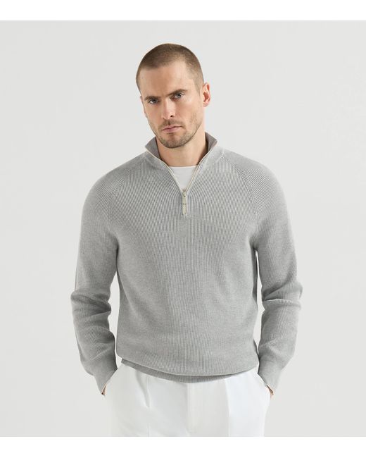 Brunello Cucinelli Gray Cotton Rib-Knit Quarter-Zip Sweater for men