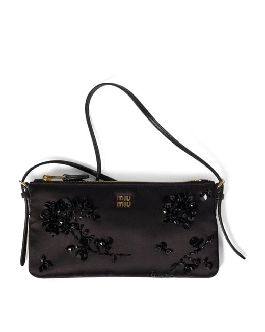 Miu Miu Black Embroidered Silk Duchesse Mini Pouch