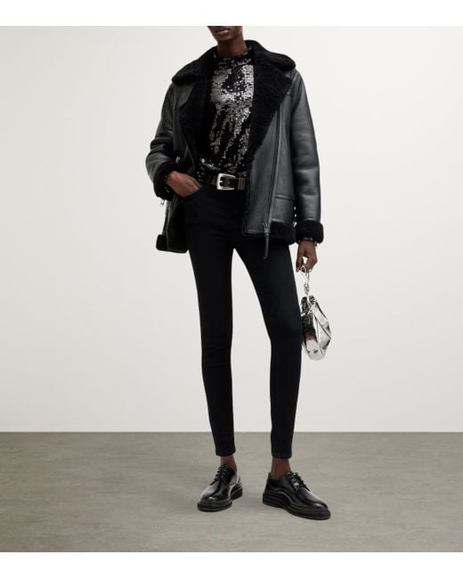 AllSaints Black Leather-Shearling Sola Jacket