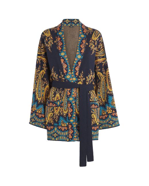 Etro Blue Jacquard Paisley Wrap Cardigan