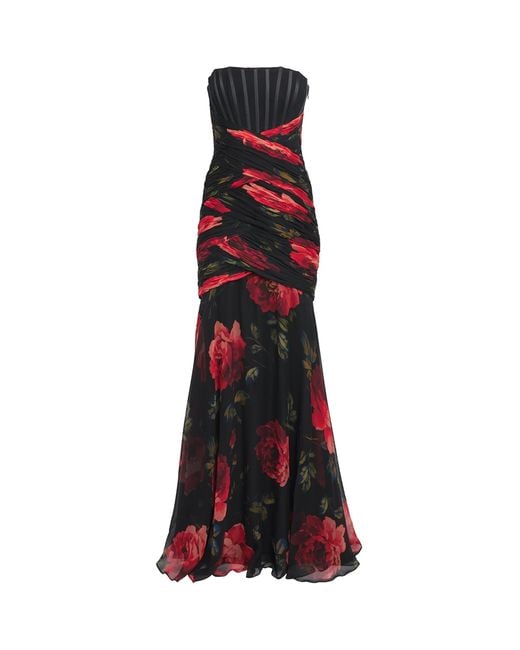 Carolina Herrera Red Silk Chiffon Floral Bustier Gown