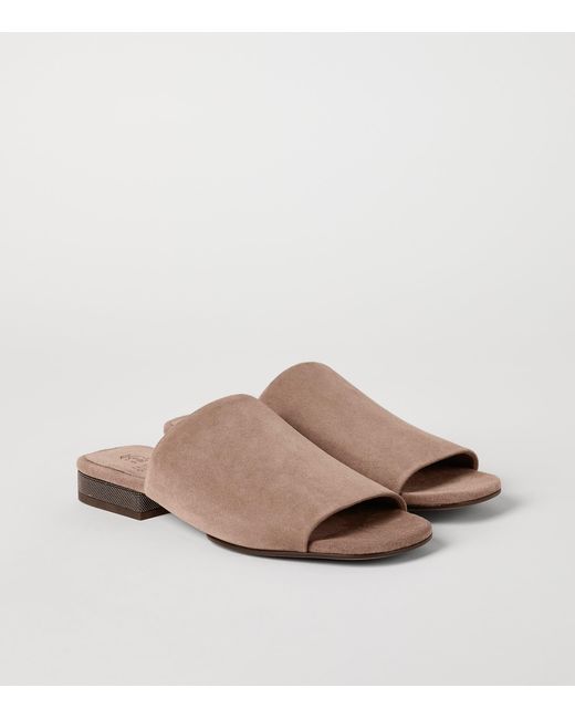 Brunello Cucinelli Brown Suede Open-Toe Mules