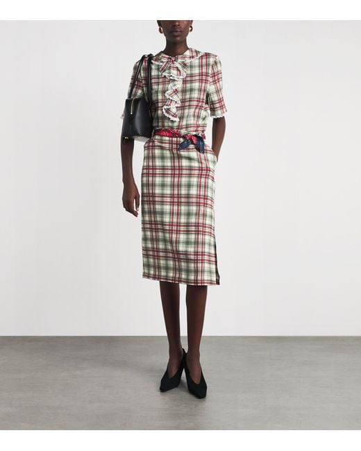 Alessandra Rich White Silk Tartan Midi Pencil Skirt