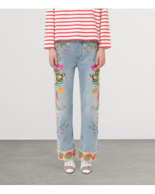Valentino Blue Floral-Embroidered Jeans