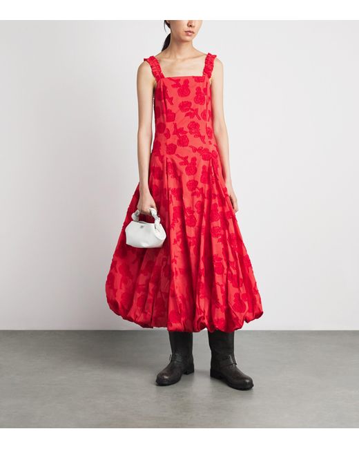 Ganni Red Floral Bubble-Hem Midi Dress