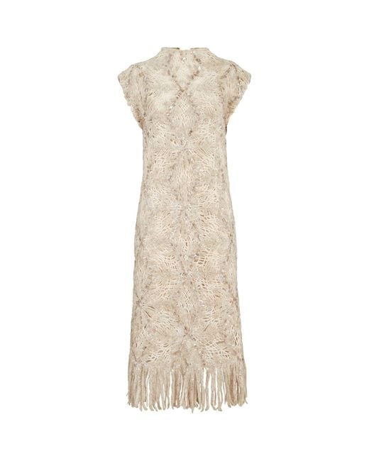 Brunello Cucinelli Natural Mohair-Blend Embellished Midi Dress