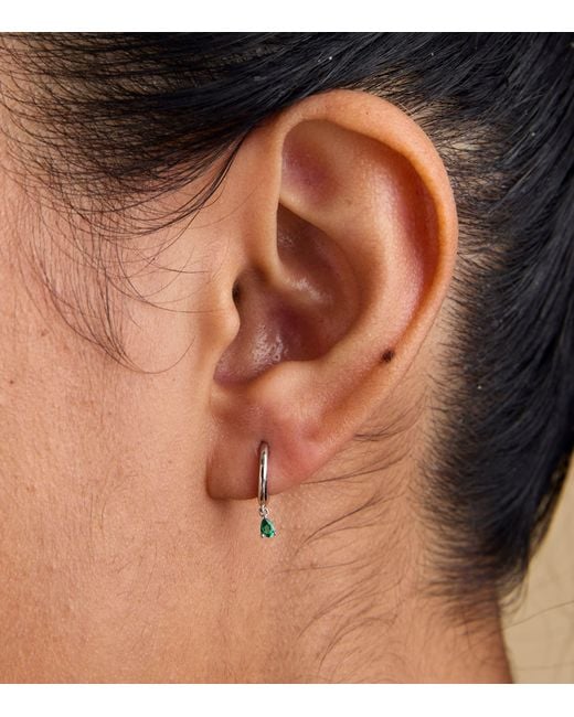 Astrid & Miyu White And Emerald Pear Huggie Hoop Earrings