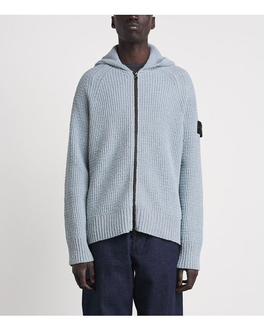 Stone Island Blue Cotton Bouclé Zip-Up Hoodie for men