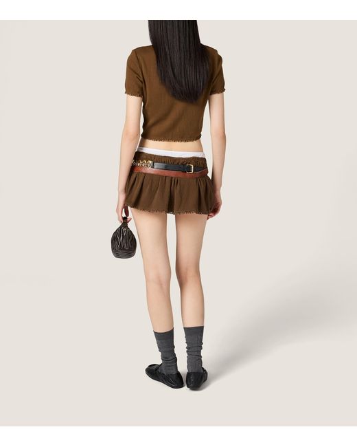 Miu Miu Brown Cotton Pointelle Cropped T-Shirt