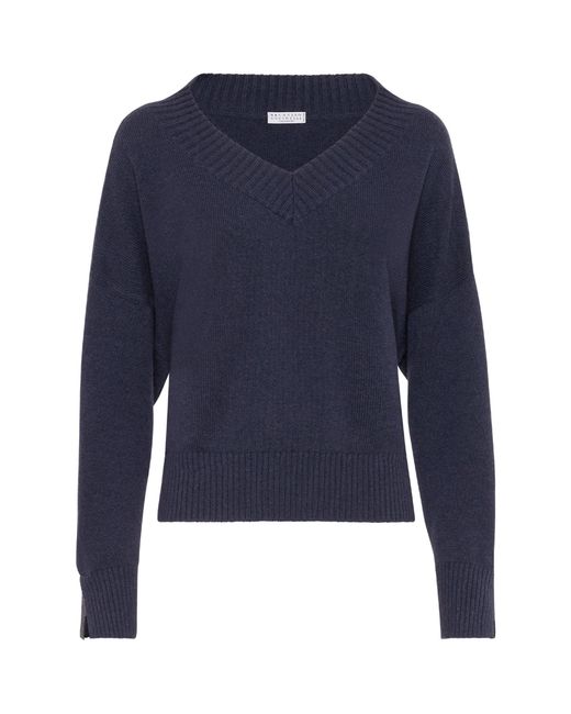 Brunello Cucinelli Blue Cashmere V-neck Sweater