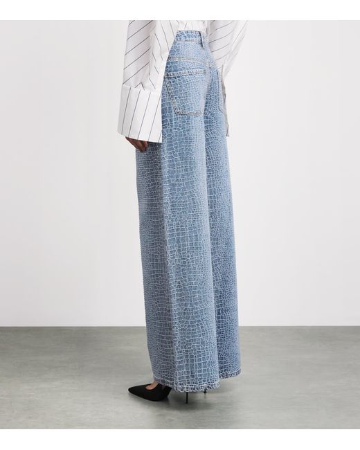 Self-Portrait Blue Croc-Effect Wide-Leg Jeans