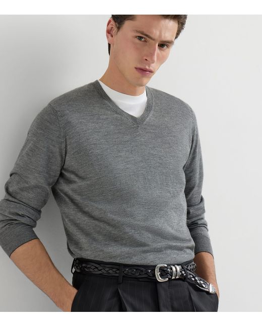 Brunello Cucinelli Gray Cashmere-Silk V-Neck Sweater for men