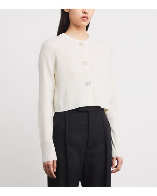 Maje White Wool Rib-Knit Bow Cardigan