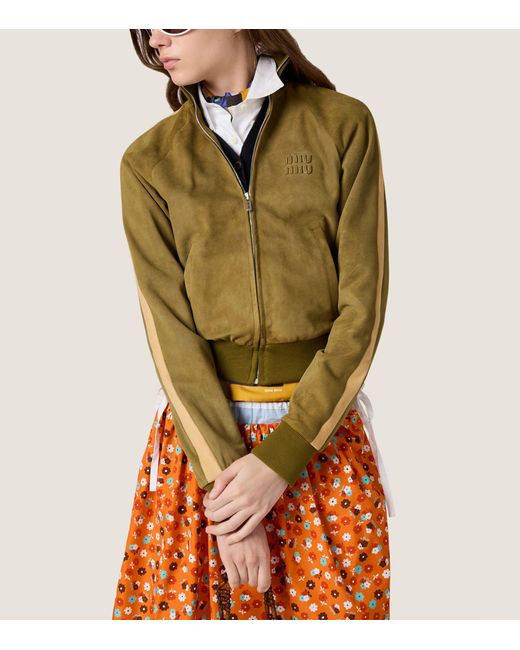 Miu Miu Green Waxed Suede Stripe Track Jacket