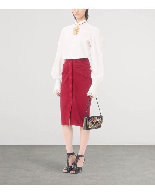 Valentino Suede Gathered Midi Skirt