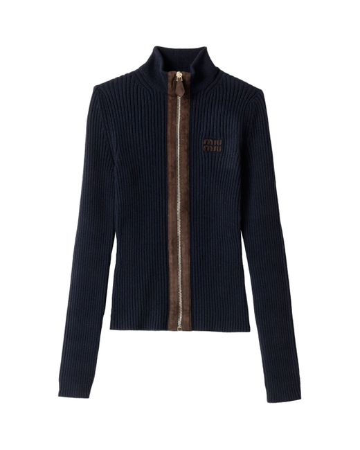 Miu Miu Blue Cashmere-Blend Suede-Trim Cardigan