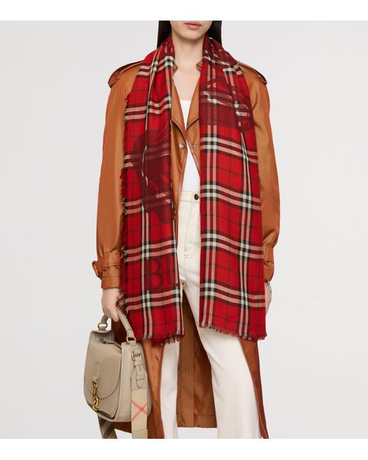 Burberry Red Wool-Silk Wide Ekd Check Scarf