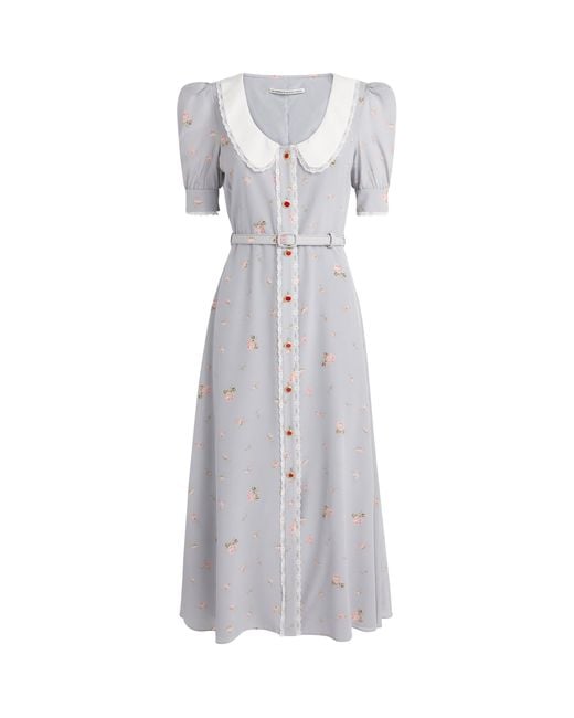 Alessandra Rich Gray Floral Print Belted Midi Dress