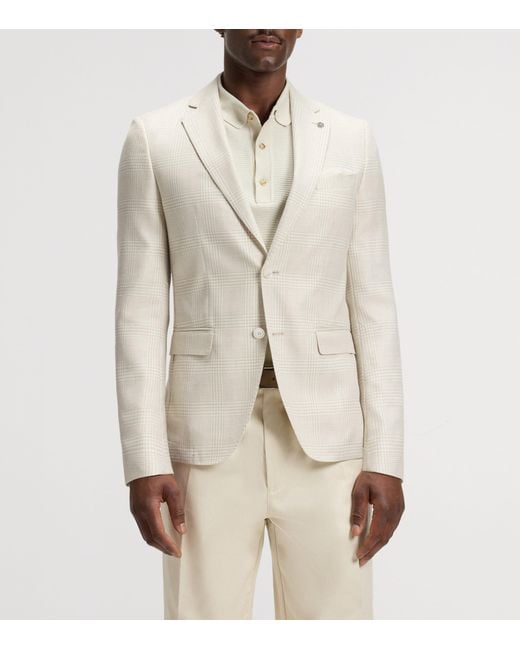 Boss White Wool-Silk-Linen Check Blazer for men