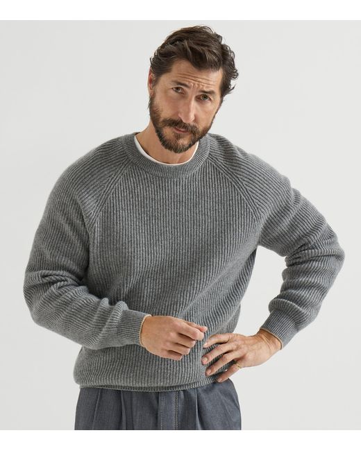 Brunello Cucinelli Gray Cashmere Ribbed Sweater for men