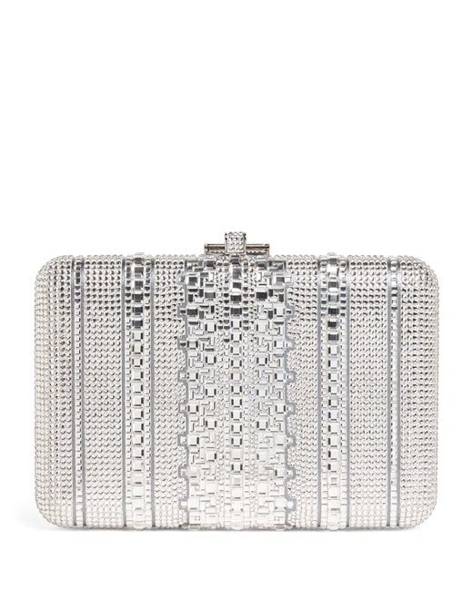 Judith Leiber White Crystal Lattice Slim Slide Clutch Bag