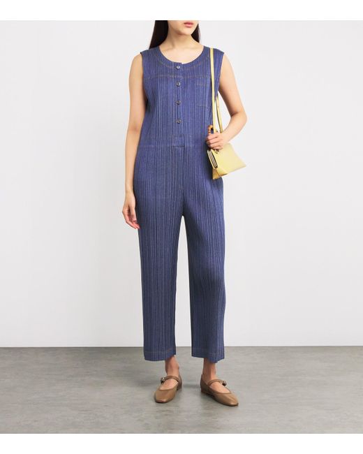 Pleats Please Issey Miyake Blue Short-Sleeve Cotton Denim Jumpsuit