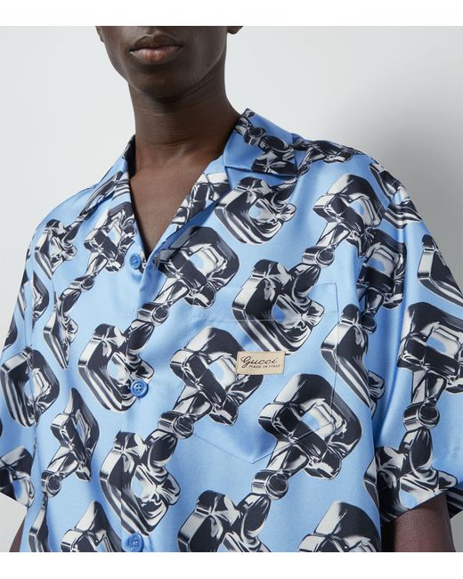 Gucci Blue Silk 3d Horsebit Shirt for men