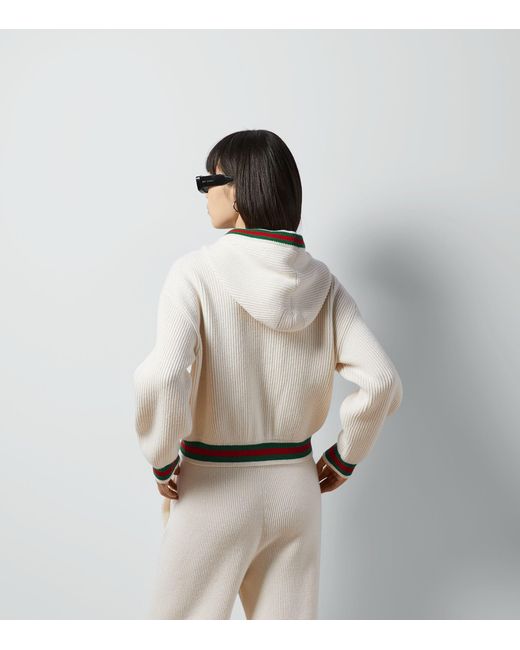 Gucci White Wool Web-trimmed Hooded Cardigan