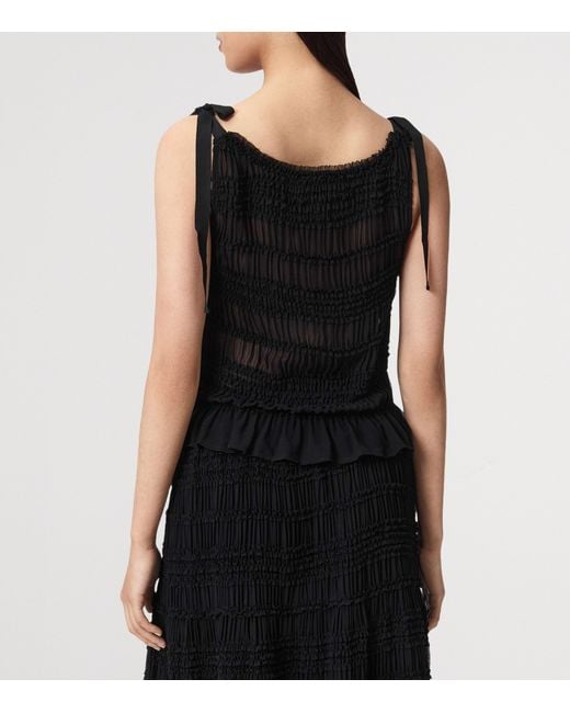 AllSaints Black Shirred Boat Neck Lotus Top