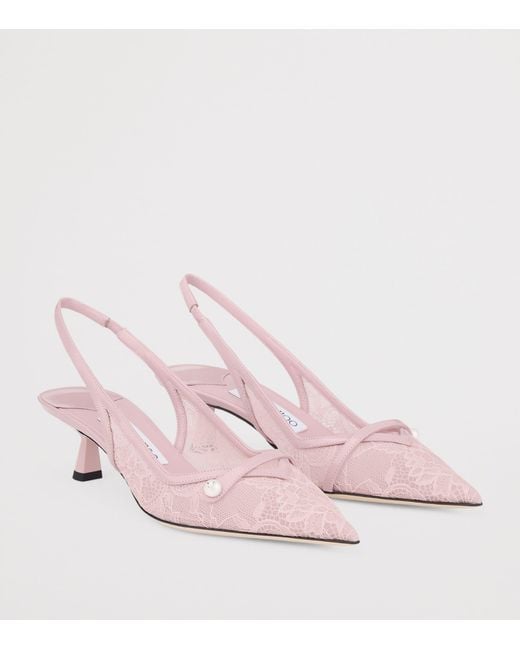 Jimmy Choo Pink Amita 45 Lace-Leather Slingback Pumps