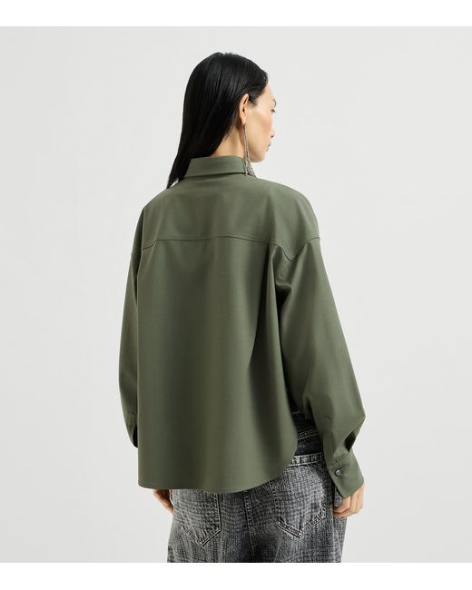 Brunello Cucinelli Green Virgin Wool-Blend Monili-Tab Shirt