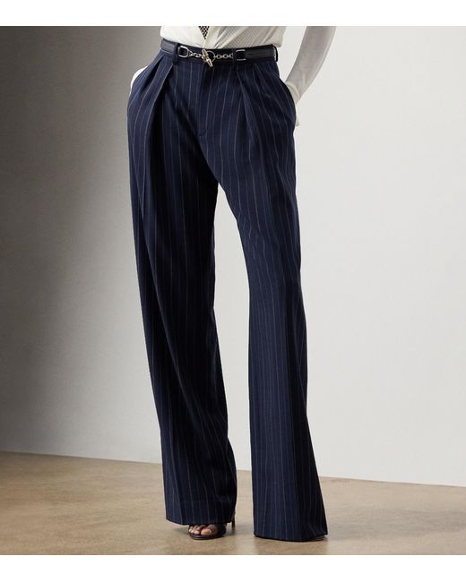 Ralph Lauren Blue Wool Pinstripe Jody Wide-Leg Trousers