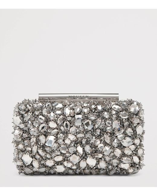 McQueen Gray Leather T-Bar Box Clutch Bag