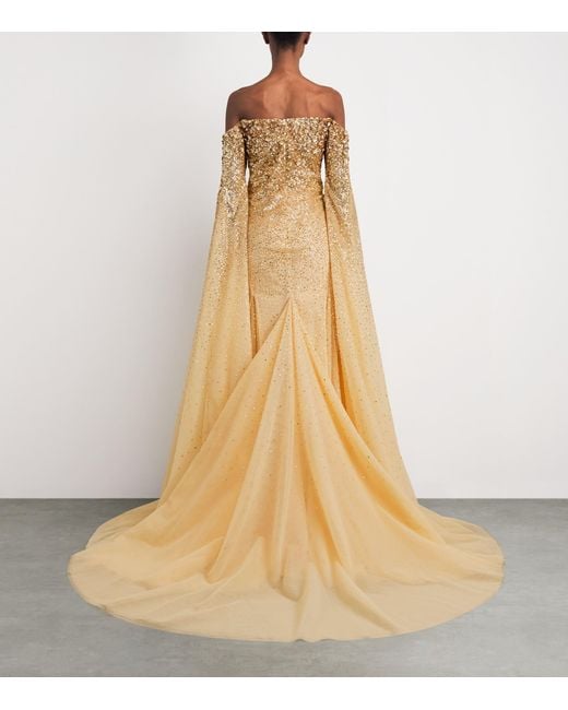 Pamella Roland Natural Sequinned Cape-Sleeve Gown