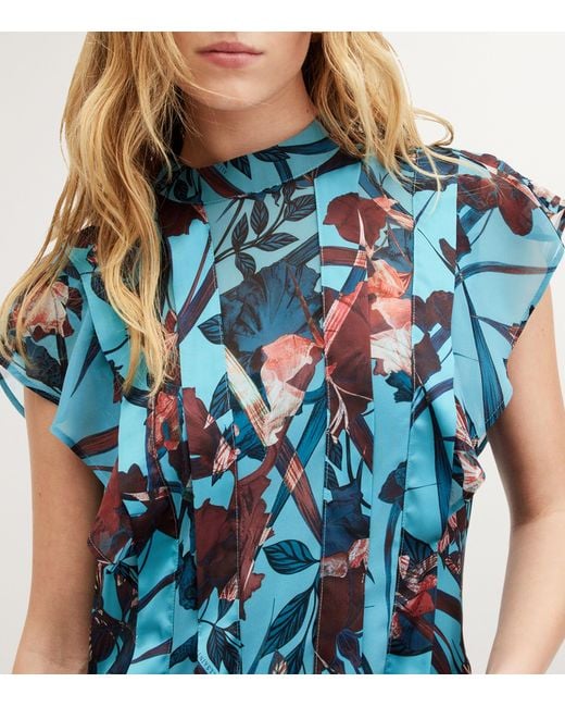 all saints blue floral dress Lil Asymmetric Floral Print Midi Dress ADENA DUSTY BLUE