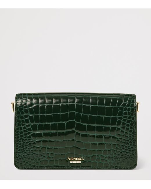 Aspinal Green Leather Croc-Embossed Eliza Clutch Bag