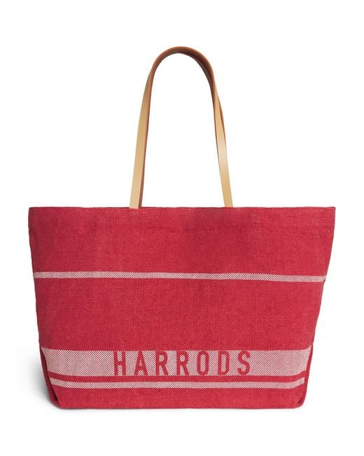 Harrods Red Jute Stripe Shopper Bag