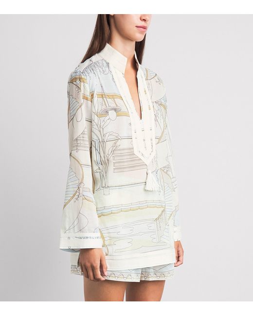 Tory Burch White Printed Plunge-Neck Mini Dress