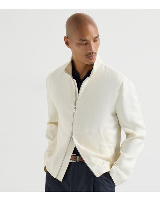 Brunello Cucinelli White Silk-Linen-Wool Bomber Jacket for men