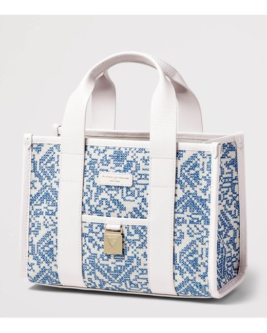 Aspinal Blue Canvas Raffia Henley Tote Bag