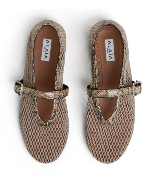 Alaïa Brown Mesh Python Print-Trim Ballet Flats