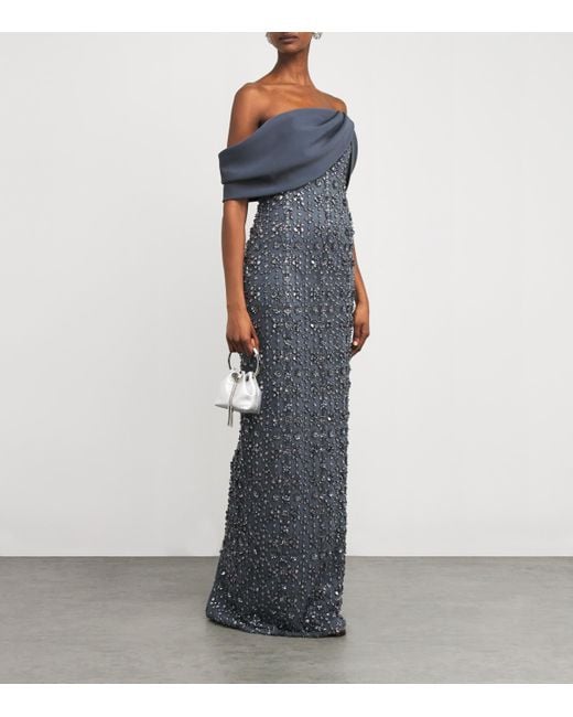 Pamella Roland Blue Embellished Off-The-Shoulder Gown