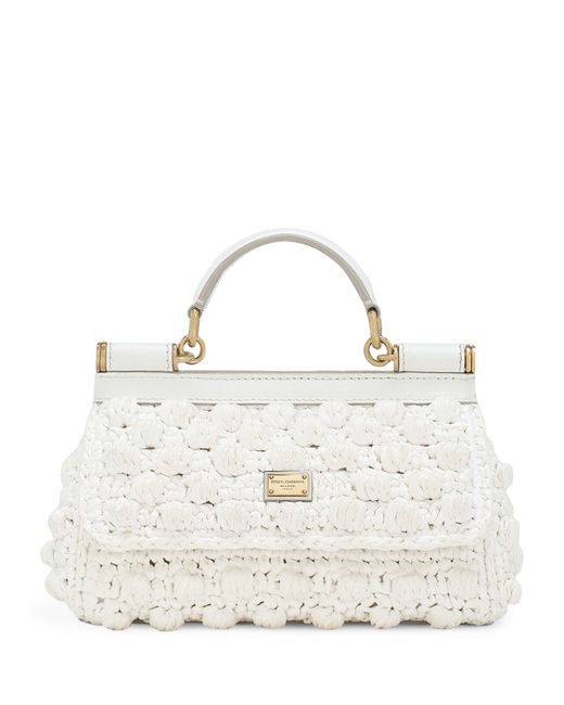 Dolce & Gabbana White Small Raffia Sicily Top-Handle Bag