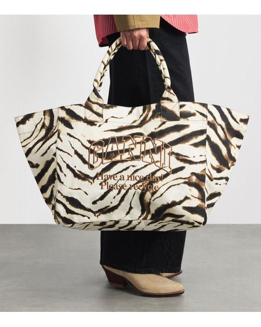 Ganni Metallic Large Canvas Zebra Tote Bag
