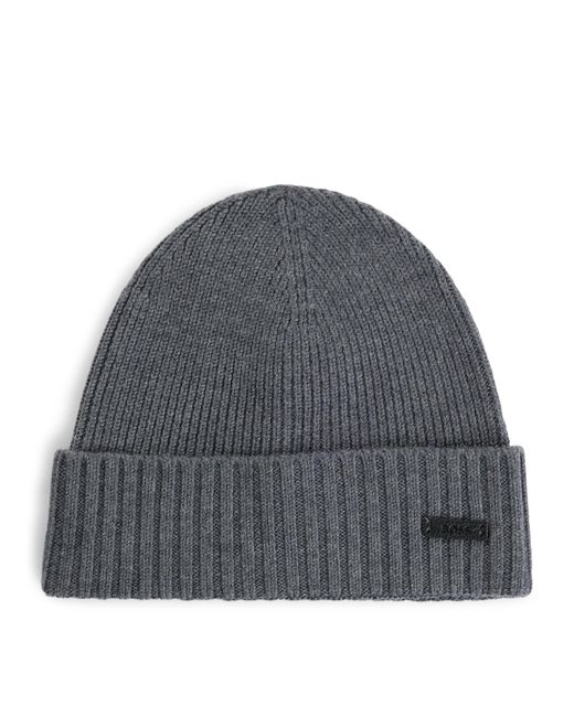 Boss Gray Virgin Wool Logo-Badge Beanie Hat for men
