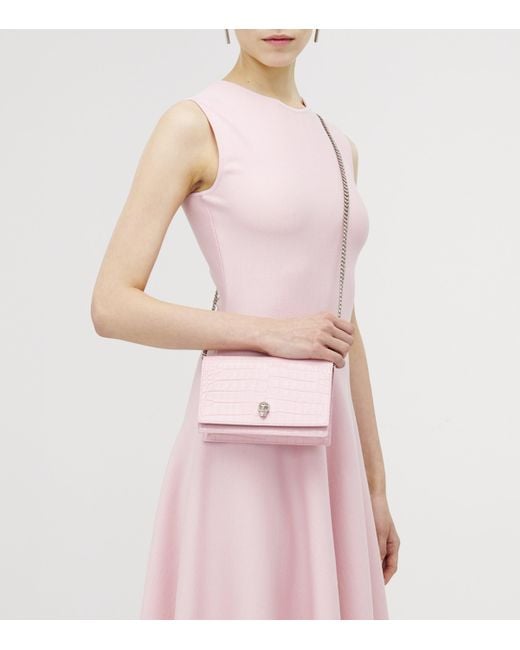 Alexander McQueen Pink Small Croc-Embossed Skull Cross-Body Bag